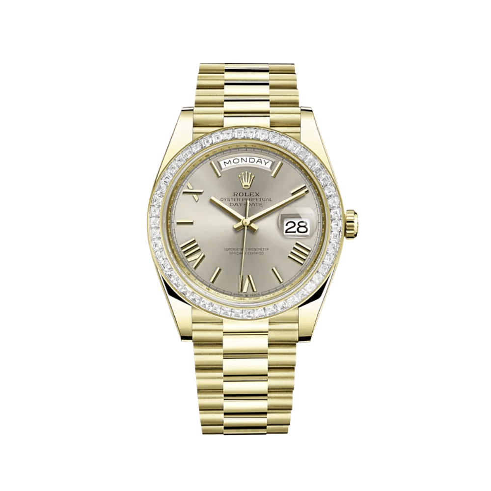 Luxury Watch Rolex Day-Date 40 Yellow Gold Diamond Bezel Silver Dial 228398TBR Wrist Aficionado