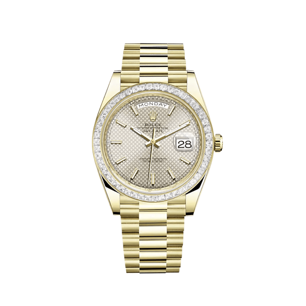 Luxury Watch Rolex Day-Date 40 Yellow Gold Diamond Bezel Silver Dial 228398TBR Wrist Aficionado