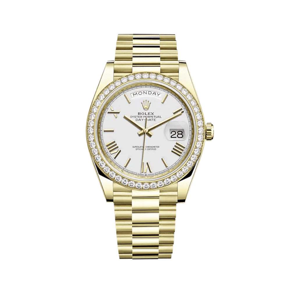 Luxury Watch Rolex Day-Date 40 Yellow Gold Diamond Bezel White Dial 228348RBR Wrist Aficionado