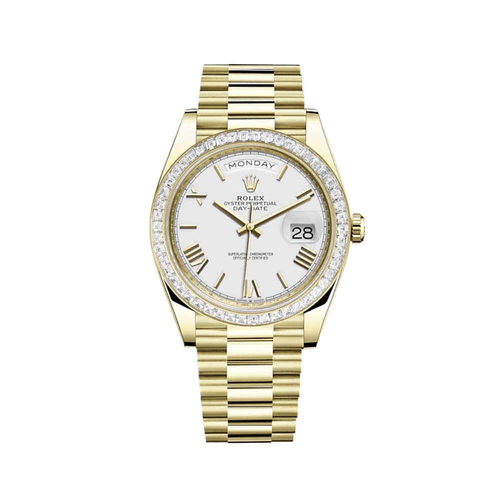 Luxury Watch Rolex Day-Date 40 Yellow Gold Diamond Bezel White Dial 228398TBR Wrist Aficionado