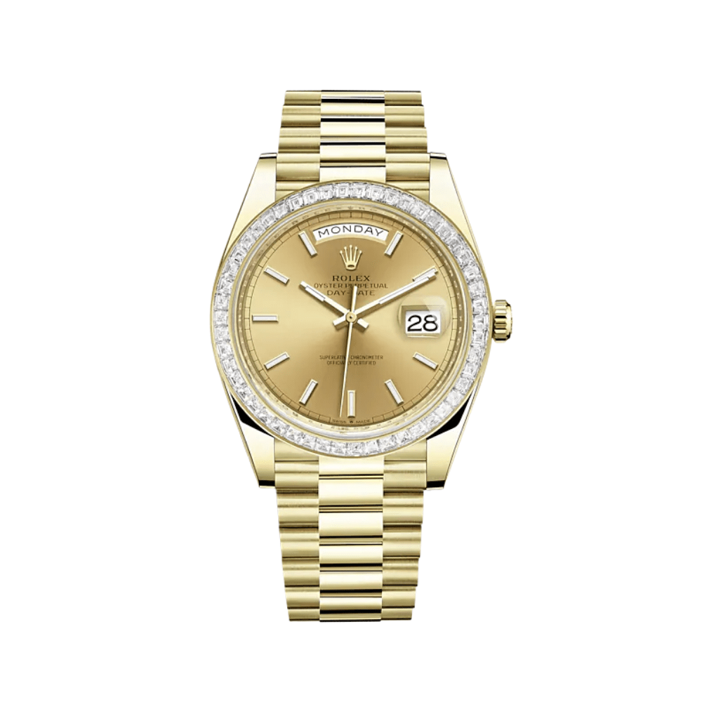 Luxury Watch Rolex Day-Date 40 Yellow Gold Diamond-Paved Bezel Champagne Dial 228398TBR Wrist Aficionado