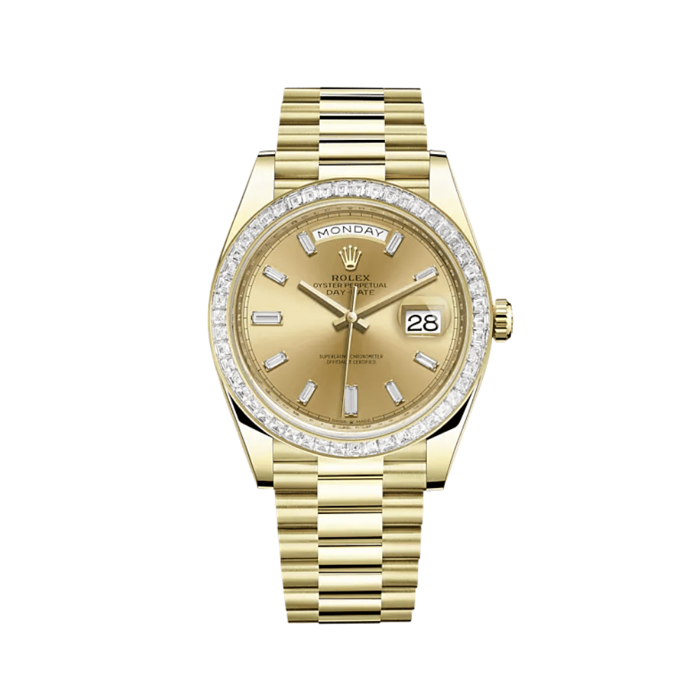 Luxury Watch Rolex Day-Date 40 Yellow Gold Diamond-Paved Bezel Champagne Diamond Dial  228398TBR Wrist Aficionado