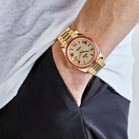 Thumbnail for Rolex Day-Date 40 Yellow Gold Diamond/Ruby Roman Dial Ruby Bezel 228398TRU Wrist Aficionado