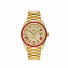 Rolex Day-Date 40 Yellow Gold Diamond/Ruby Roman Dial Ruby Bezel 228398TRU Wrist Aficionado