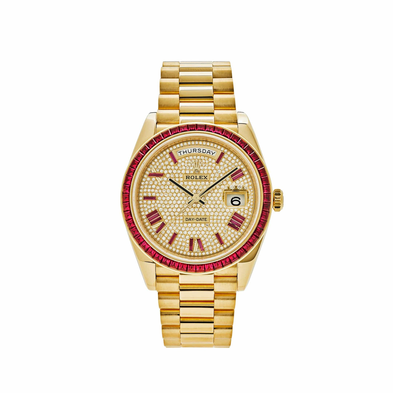 Rolex Day-Date 40 Yellow Gold Diamond/Ruby Roman Dial Ruby Bezel 228398TRU Wrist Aficionado