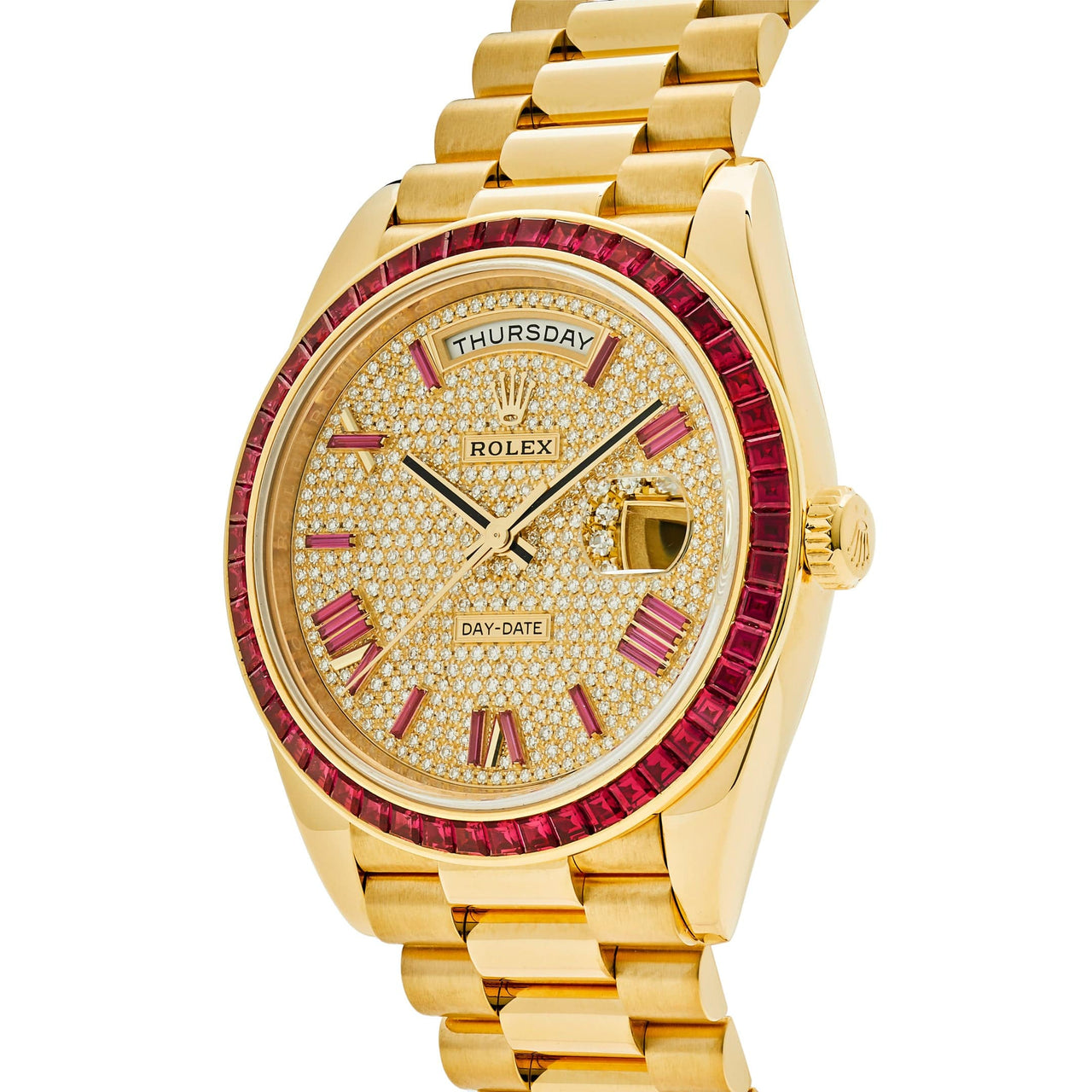 Rolex Day-Date 40 Yellow Gold Diamond/Ruby Roman Dial Ruby Bezel 228398TRU Wrist Aficionado