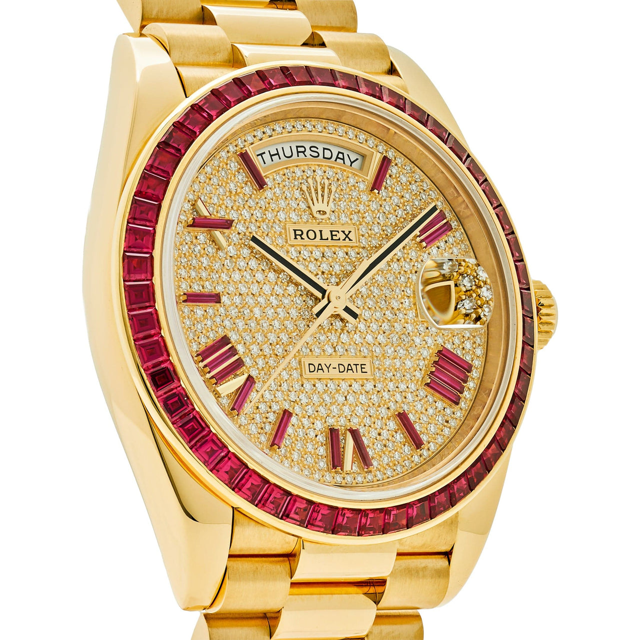 Rolex Day-Date 40 Yellow Gold Diamond/Ruby Roman Dial Ruby Bezel 228398TRU Wrist Aficionado