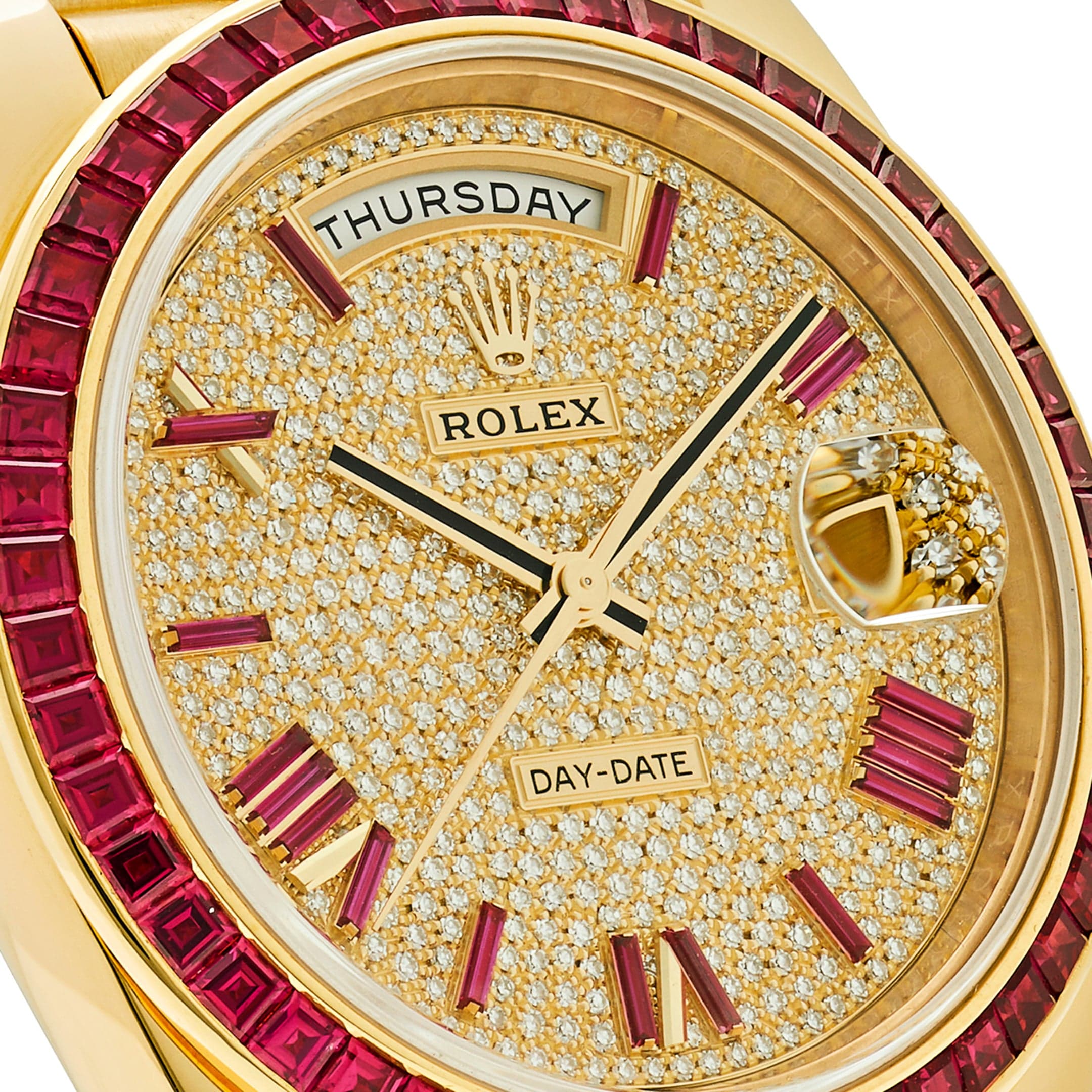 Rolex Day-Date 40 Yellow Gold Diamond/Ruby Roman Dial Ruby Bezel 228398TRU Wrist Aficionado