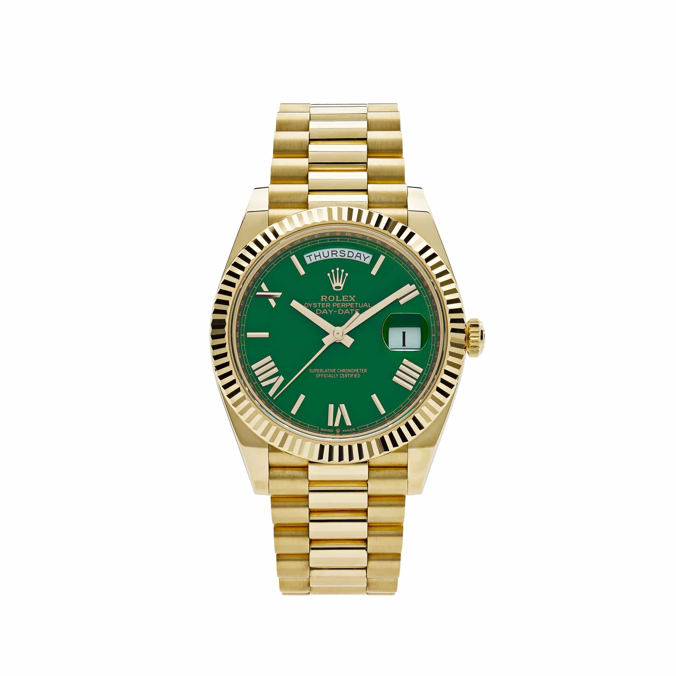 Luxury Watch Rolex Day-Date 40 Yellow Gold Green Dial 228238 Wrist Aficionado