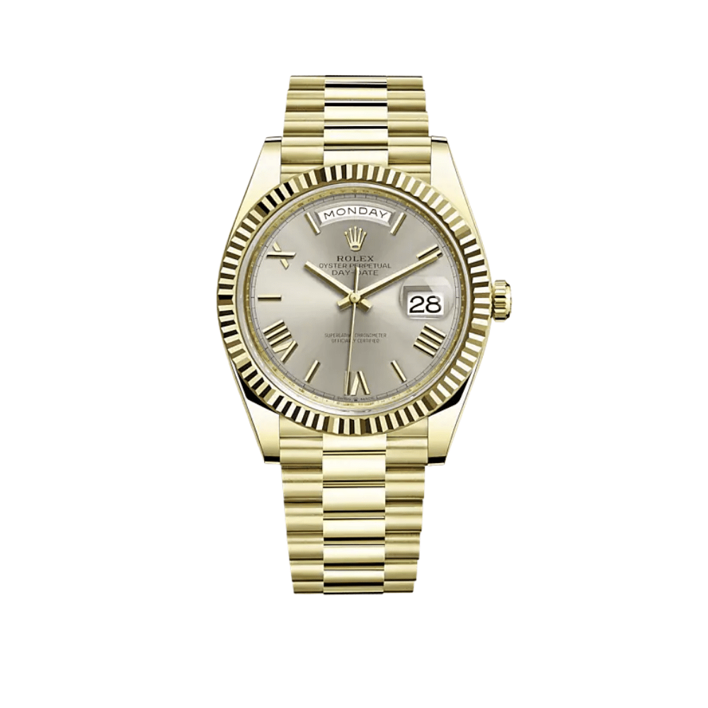 Luxury Watch Rolex Day-Date 40 Yellow Gold Silver Dial 228238 Wrist Aficionado