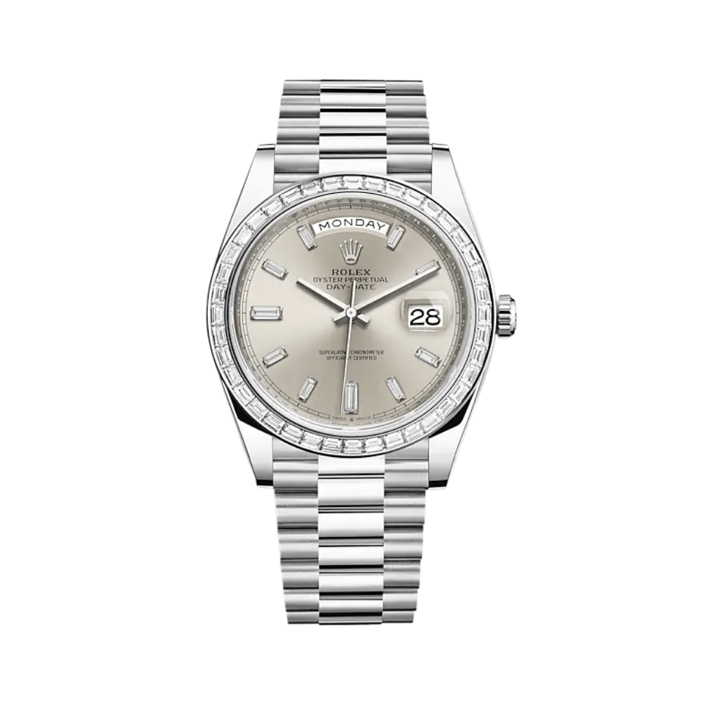 Luxury Watch Rolex Day-Date 40mm Platinum Diamond Bezel Silver Diamond Dial 228396TBR Wrist Aficionado