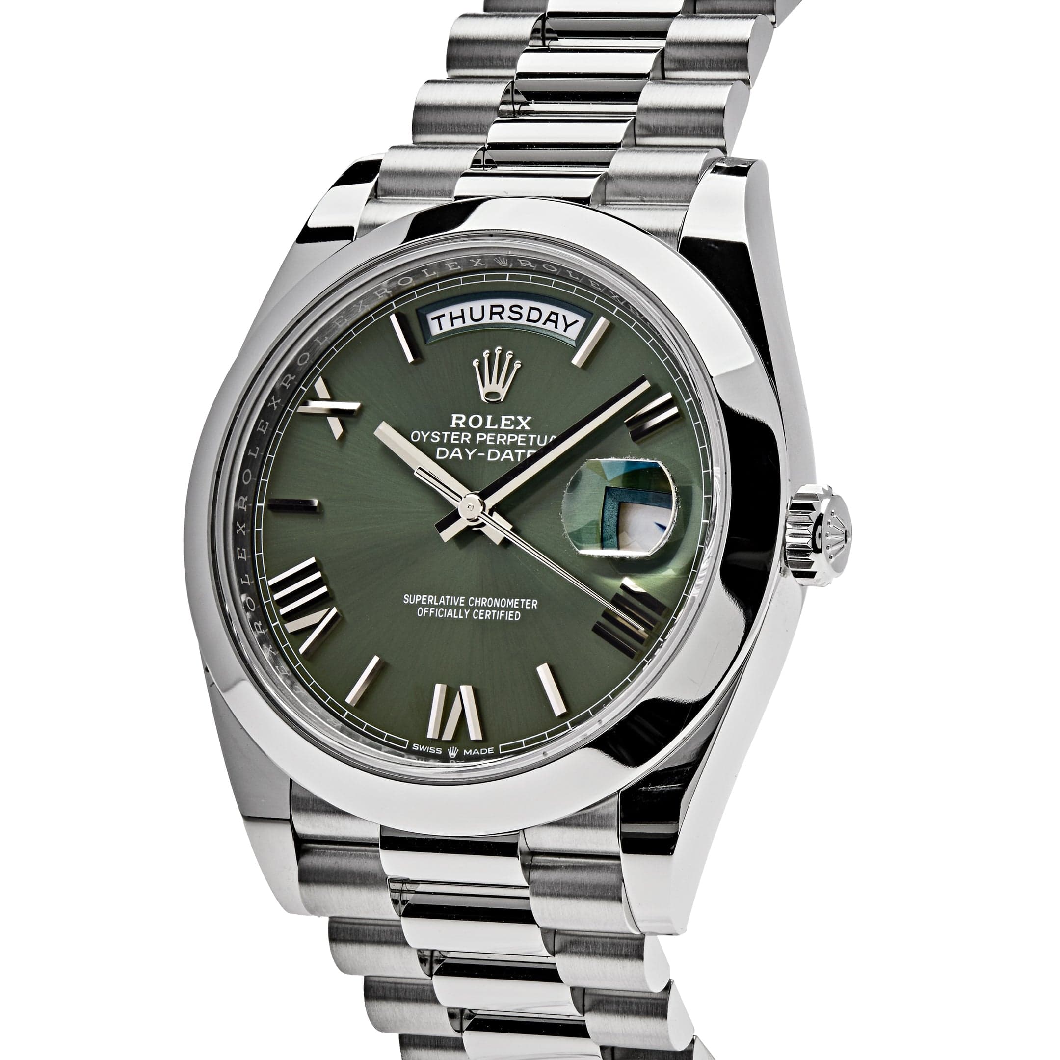 Luxury Watch Rolex Day-Date 40mm Platinum President Olive Green Dial 228206 Wrist Aficionado