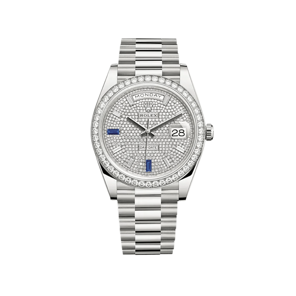 Luxury Watch Rolex Day-Date 40mm White Gold Diamond Bezel Diamond-Paved Dial 228349RBR Wrist Aficionado