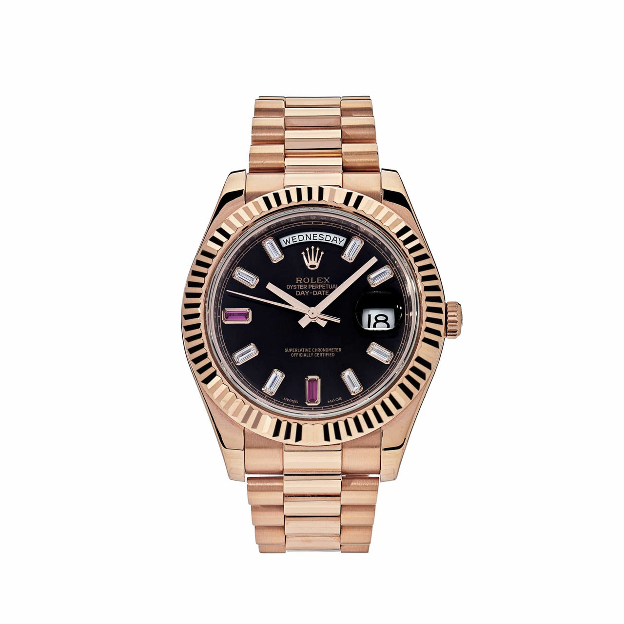 Luxury Watch Rolex Day-Date 41 Rose Gold Black Ruby Dial 218235 Wrist Aficionado