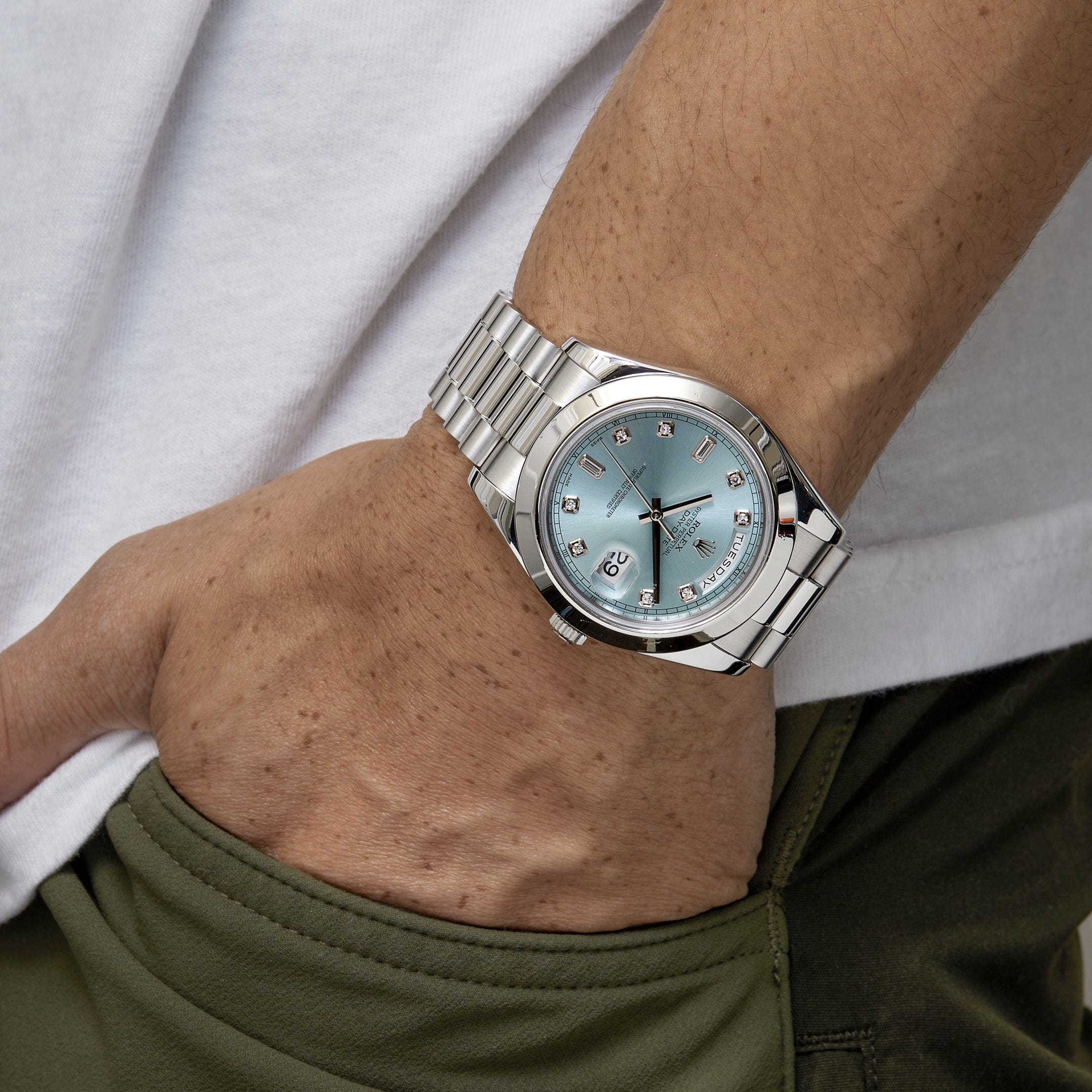 Rolex Day-Date II 218206 Platinum Blue Diamond Dial – Wrist Aficionado