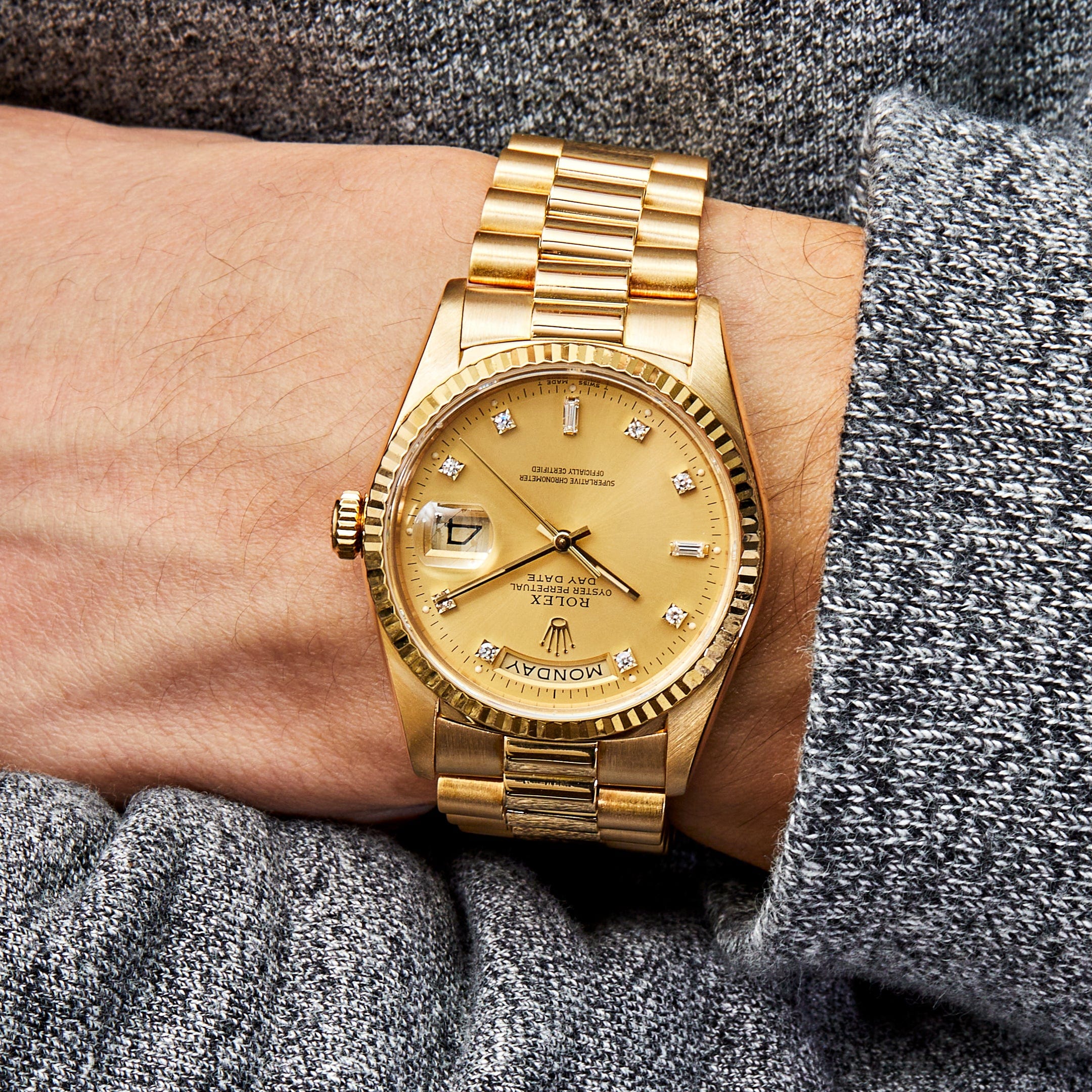 Rolex Day-Date Presidential Yellow Gold Champagne Diamond Dial 18238 Wrist Aficionado