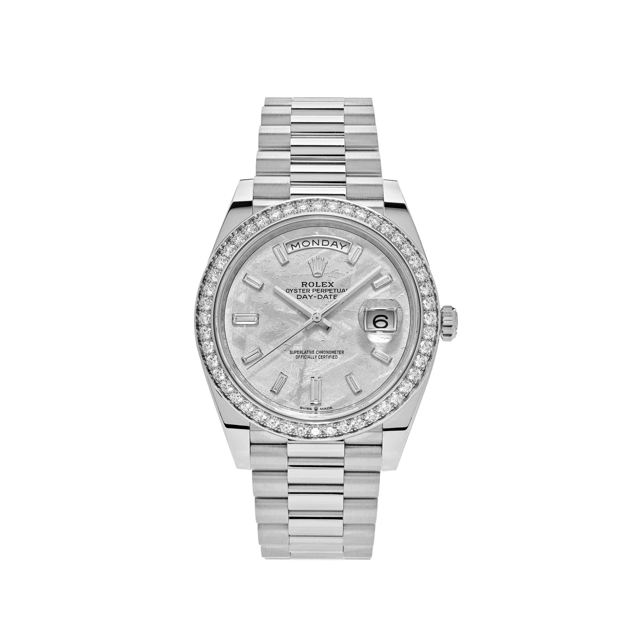 Luxury Watch Rolex Day-Date White Gold Meteorite Diamond Dial Diamond Bezel 228349RBR Wrist Aficionado