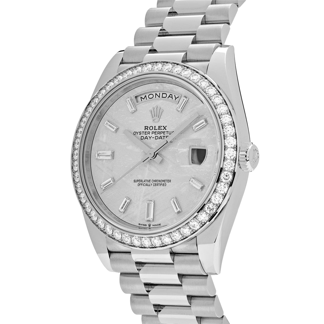 Luxury Watch Rolex Day-Date White Gold Meteorite Diamond Dial Diamond Bezel 228349RBR Wrist Aficionado