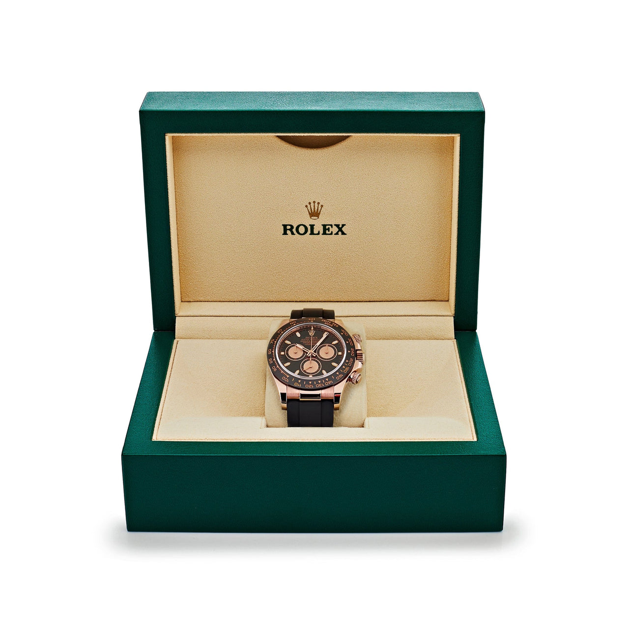 Luxury Watch Rolex Daytona Rose Gold Black & Pink Dial Rubber Strap 116515LN Wrist Aficionado