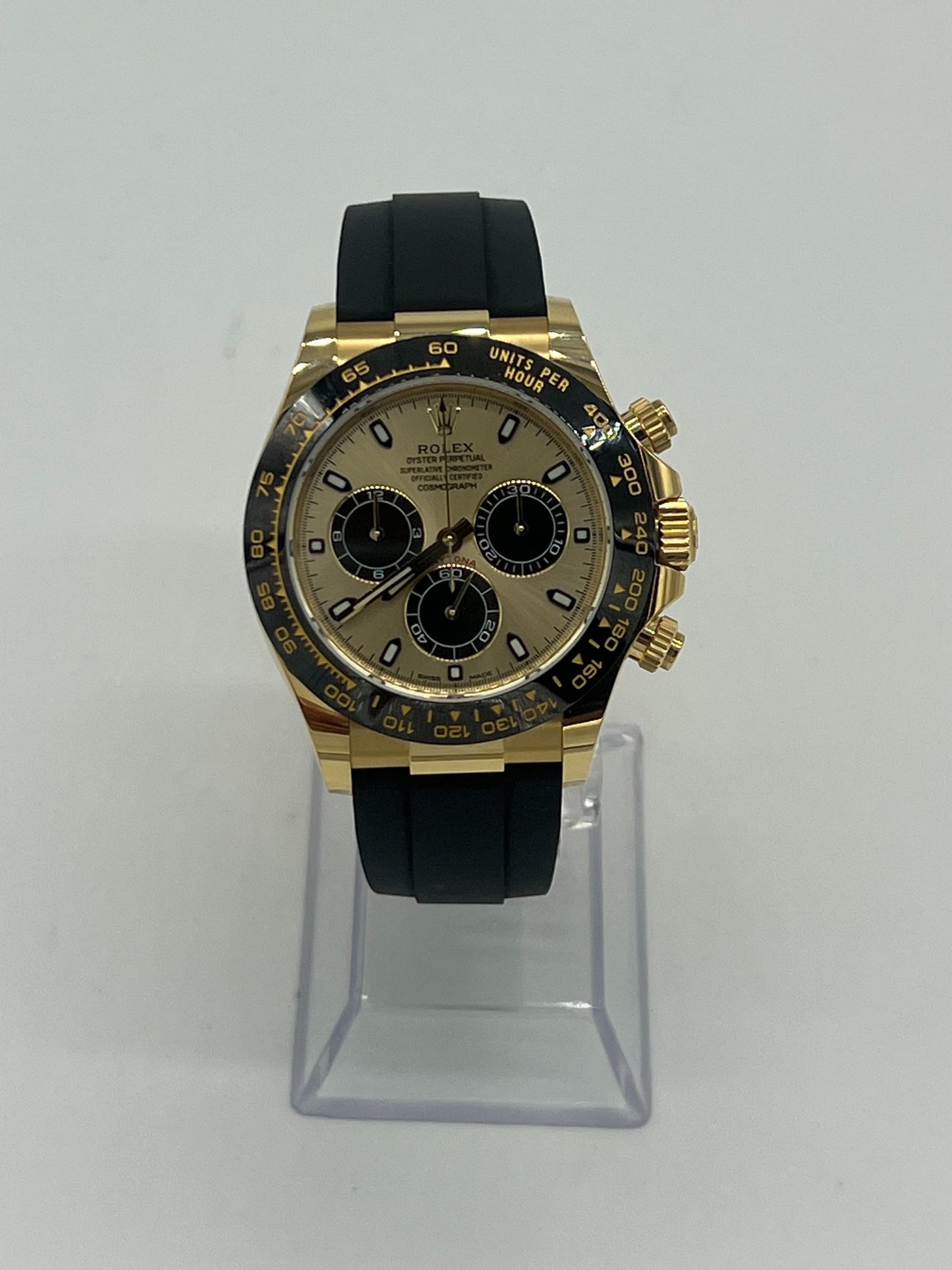 Luxury Watch Rolex Daytona Yellow Gold Champagne & Black Dial Rubber Strap 116518LN Wrist Aficionado