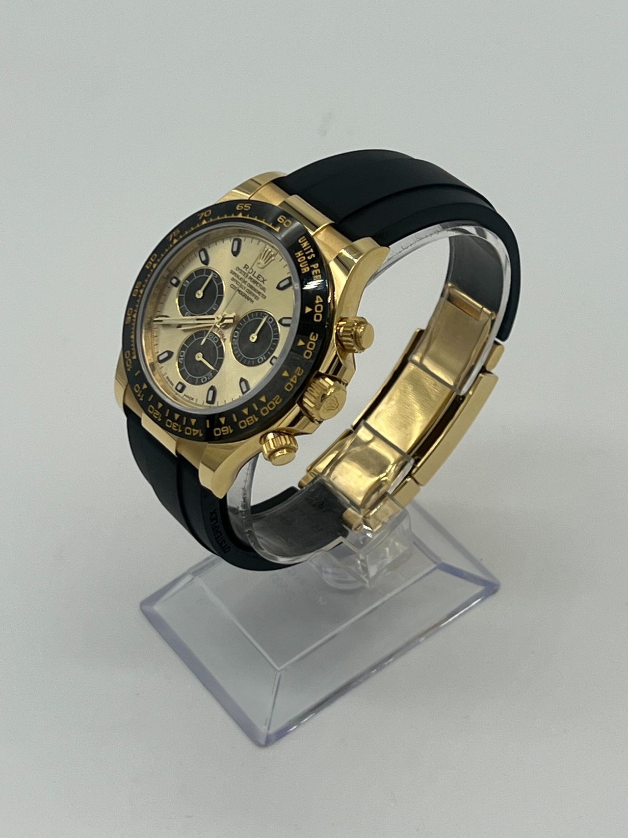 Luxury Watch Rolex Daytona Yellow Gold Champagne & Black Dial Rubber Strap 116518LN Wrist Aficionado