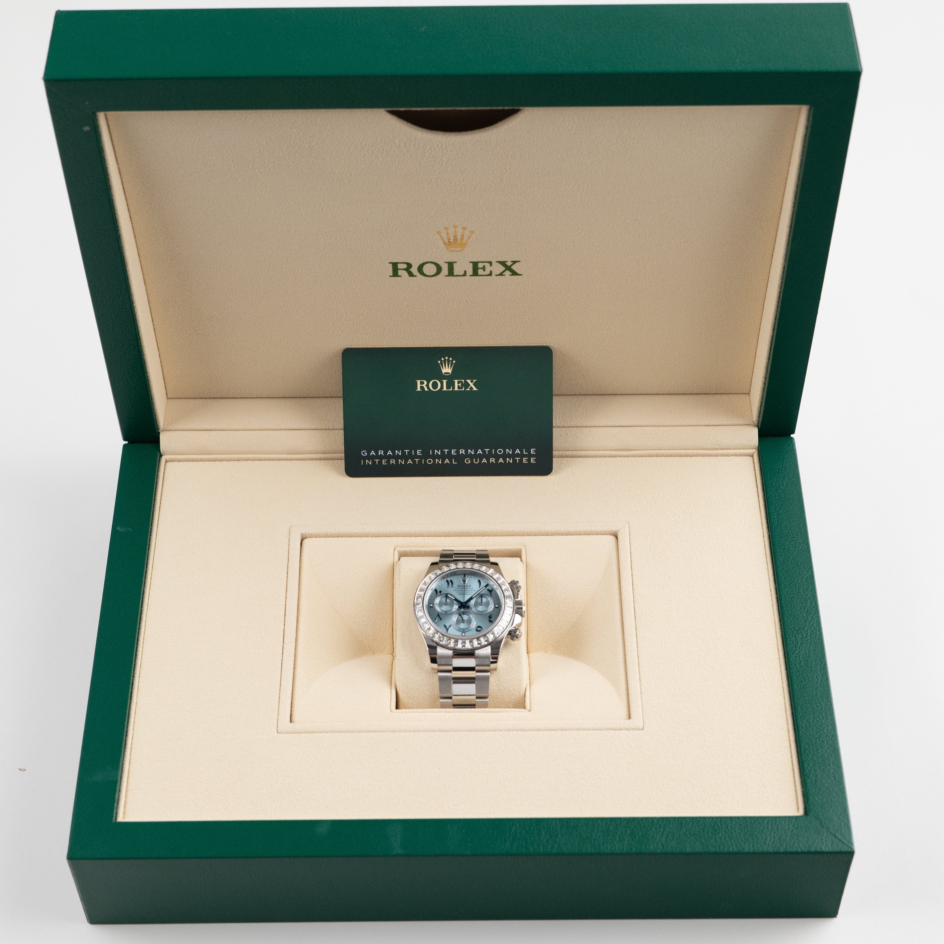 Rolex Daytona 116576TBR Platinum Ice Blue Arabic Dial Diamond Baguette Bezel (2023)