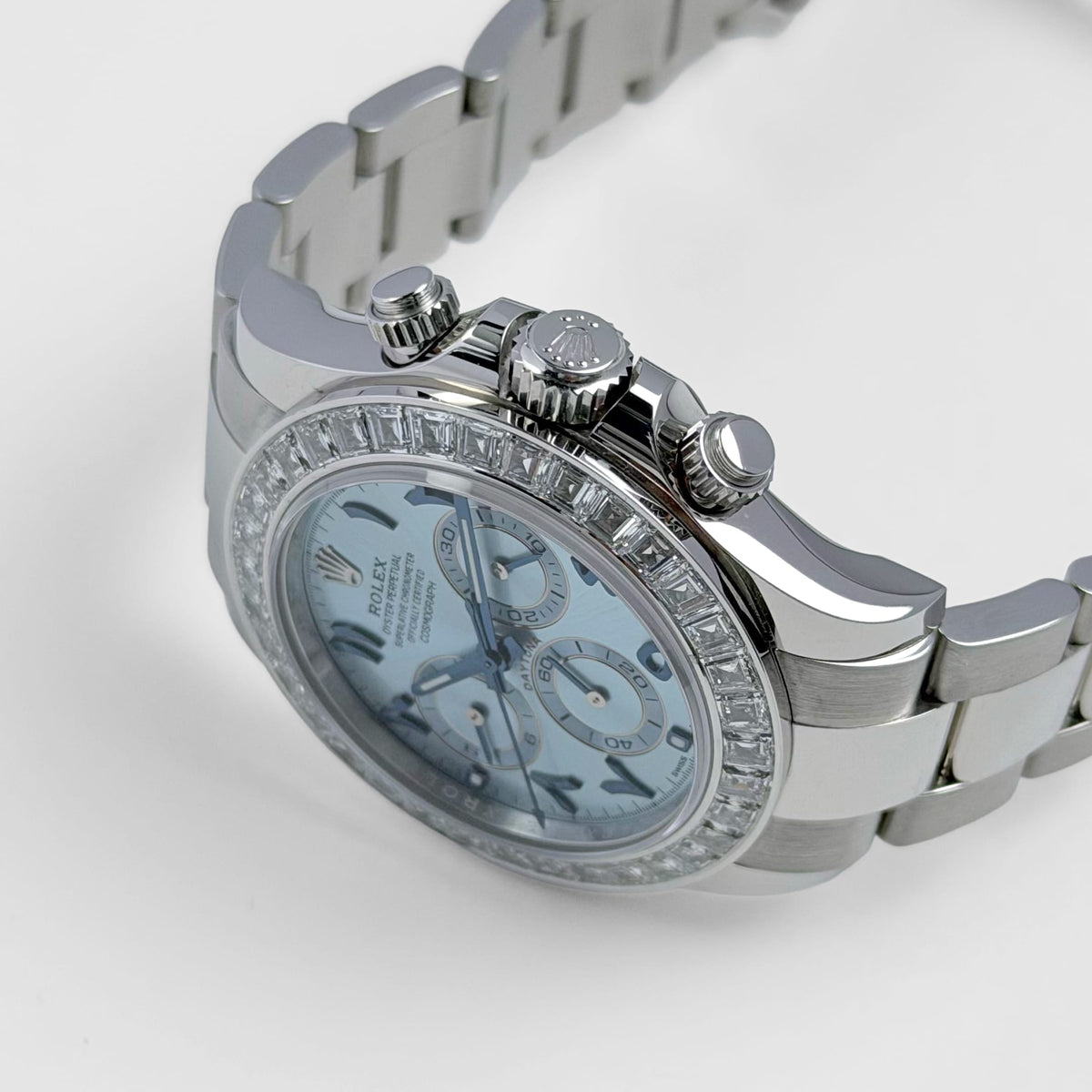 Rolex Daytona 116576TBR Platinum Ice Blue Arabic Dial Diamond Baguette Bezel (2023)