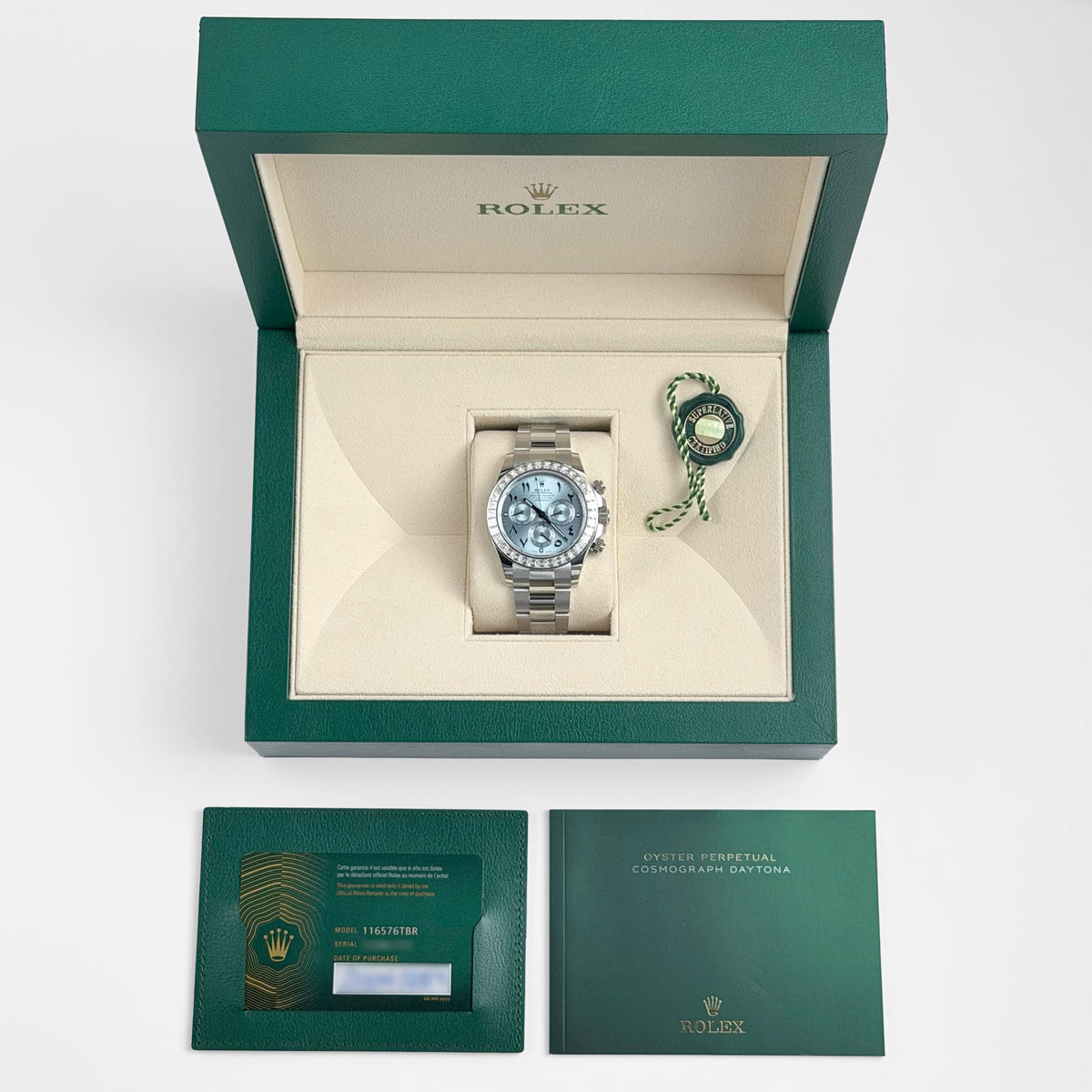 Rolex Daytona 116576TBR Platinum Ice Blue Arabic Dial Diamond Baguette Bezel (2023)