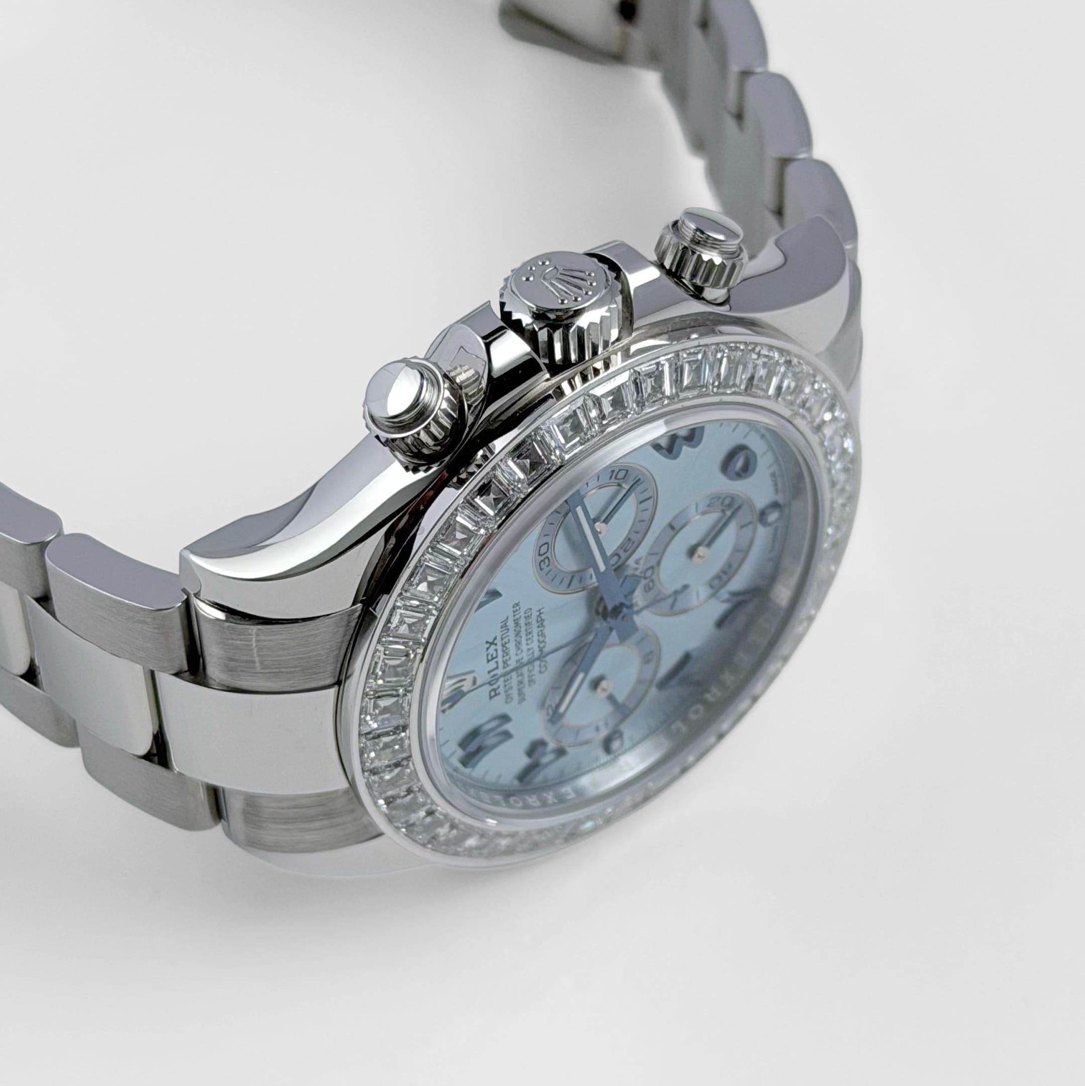 Rolex Daytona 116576TBR Platinum Ice Blue Arabic Dial Diamond Baguette Bezel (2023)
