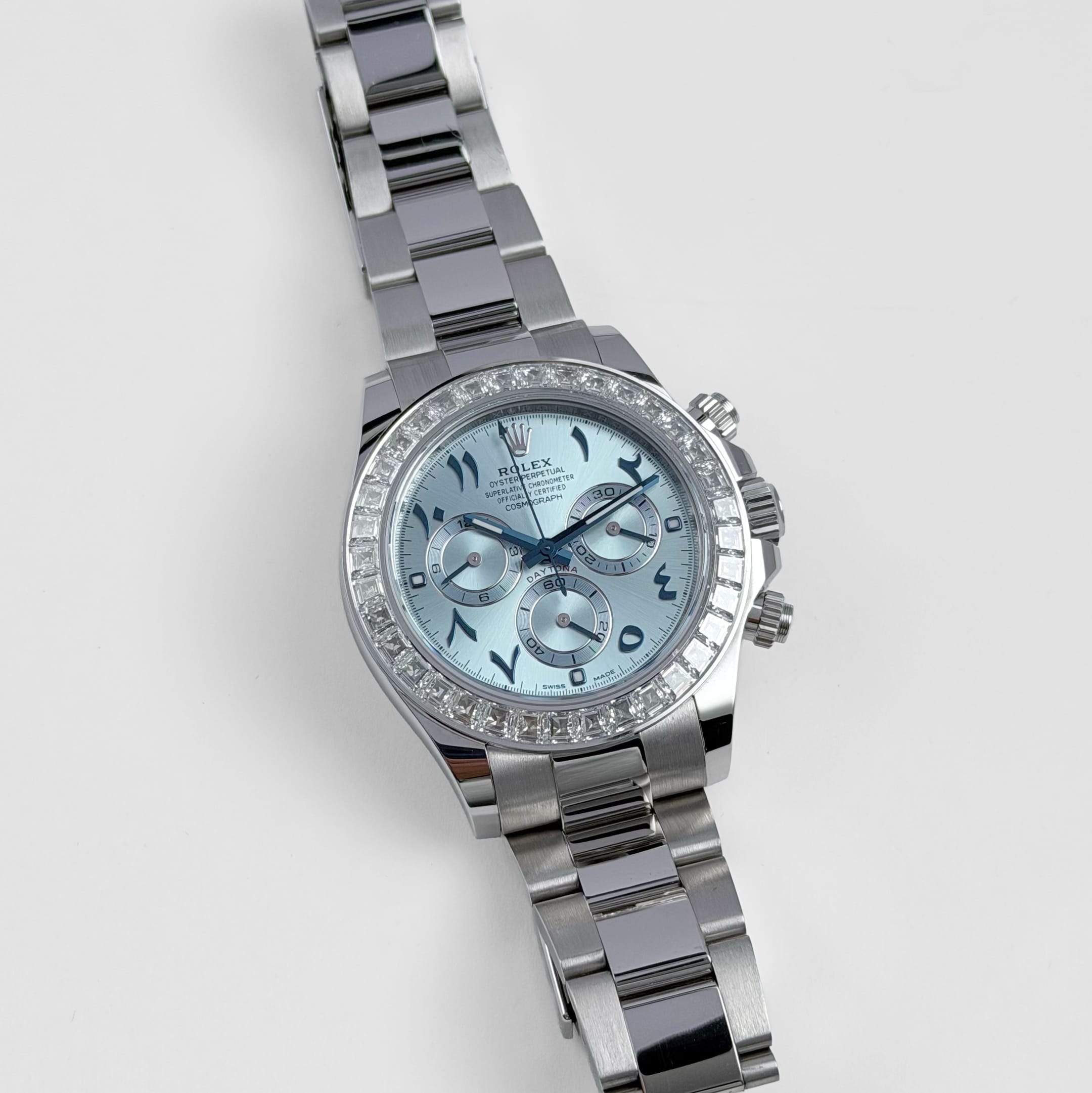 Rolex Daytona 116576TBR Platinum Ice Blue Arabic Dial Diamond Baguette Bezel (2023)