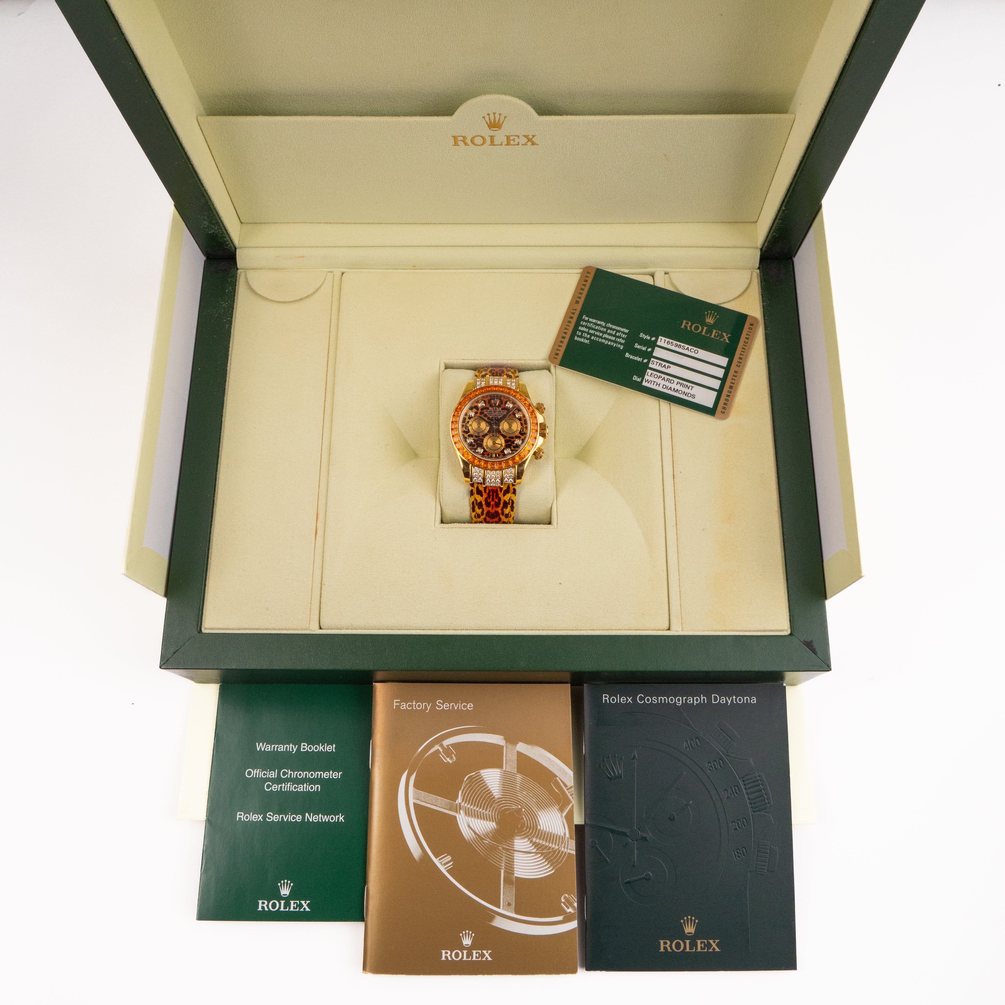 Rolex Daytona 116598SACO Yellow Gold 'Leopard' Diamond Dial Cognac Sapphire Bezel (2008)