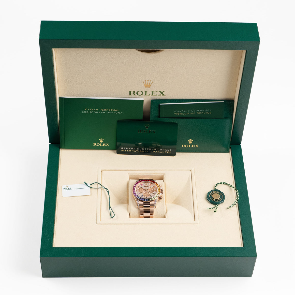 Rolex Daytona 126595RBOW 'Rainbow' Rose Gold Pave Diamond Dial Sapphire Bezel (2024)
