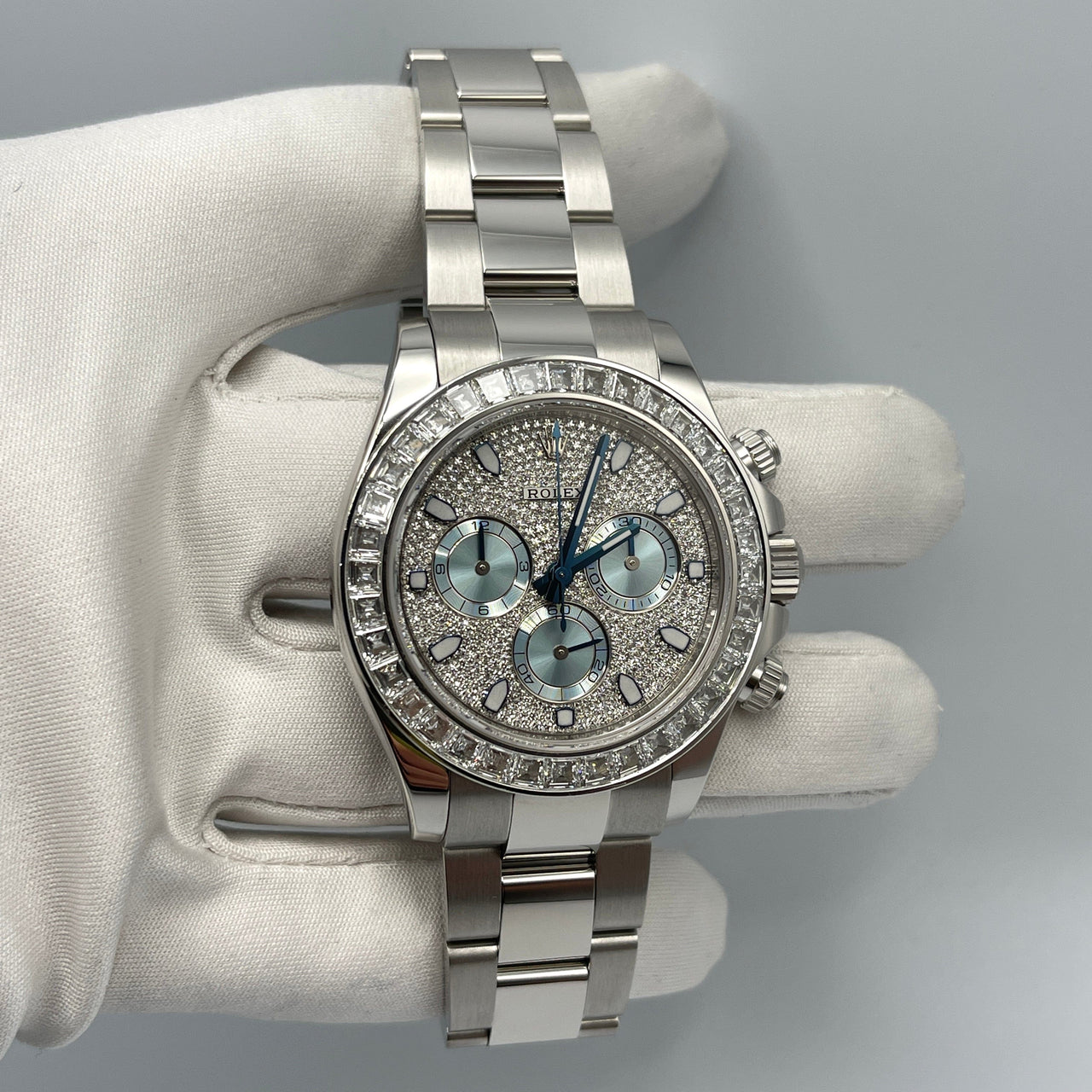 Luxury Watch Rolex Daytona Platinum Ice Blue Diamond Dial & Bezel 116576TBR Wrist Aficionado