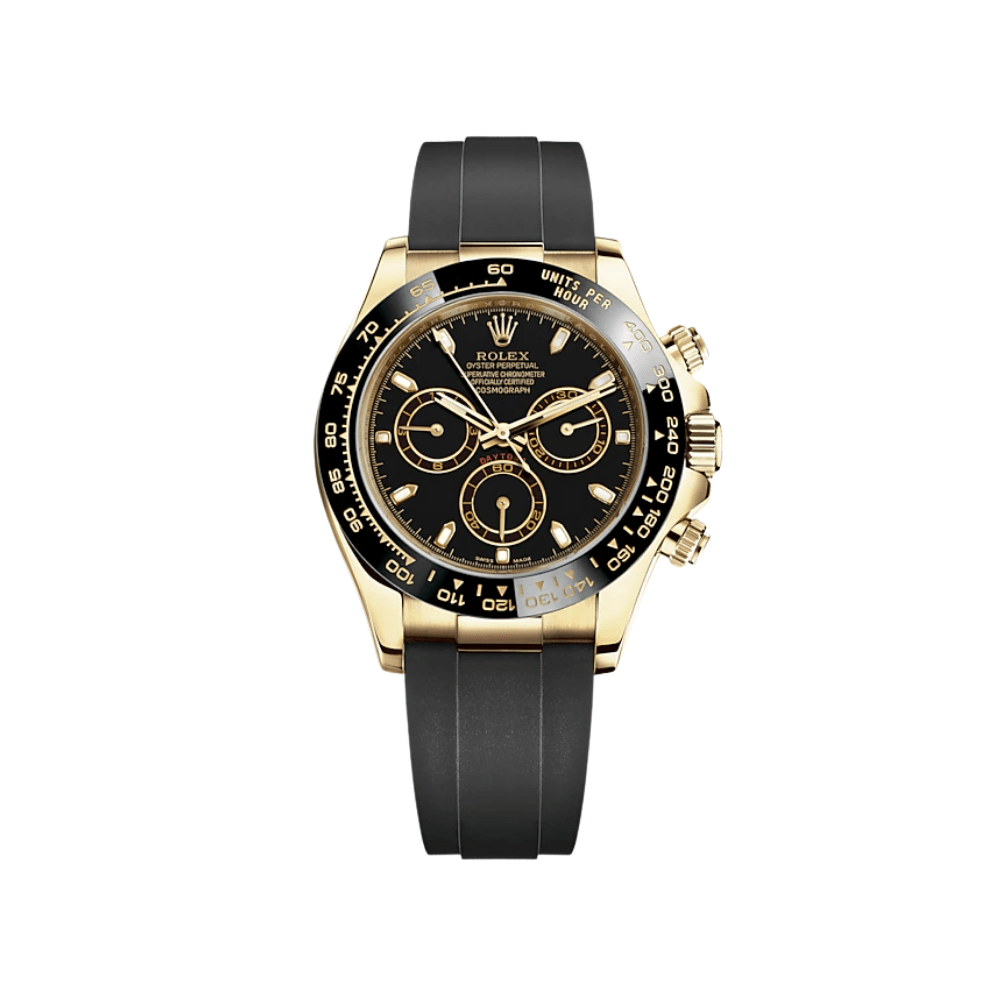 Luxury Watch Rolex Daytona Yellow Gold Black Dial Rubber Strap 116518LN Wrist Aficionado