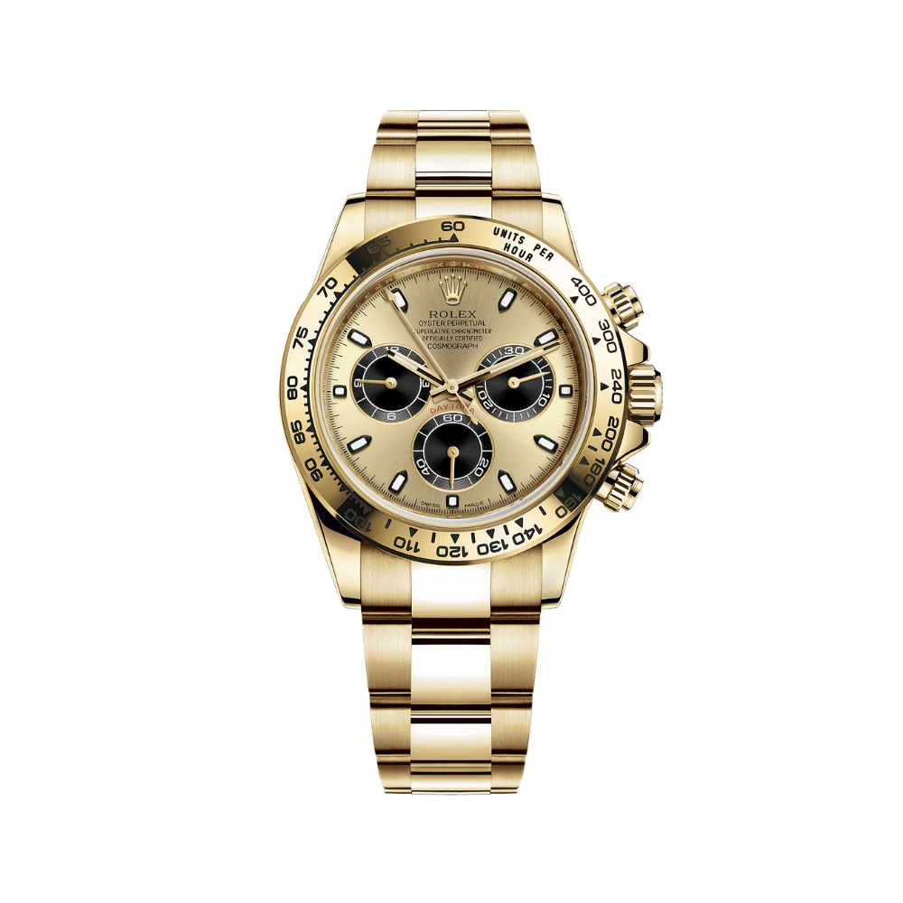 Luxury Watch Rolex Daytona Yellow Gold Champagne & Black Dial 116508 Wrist Aficionado