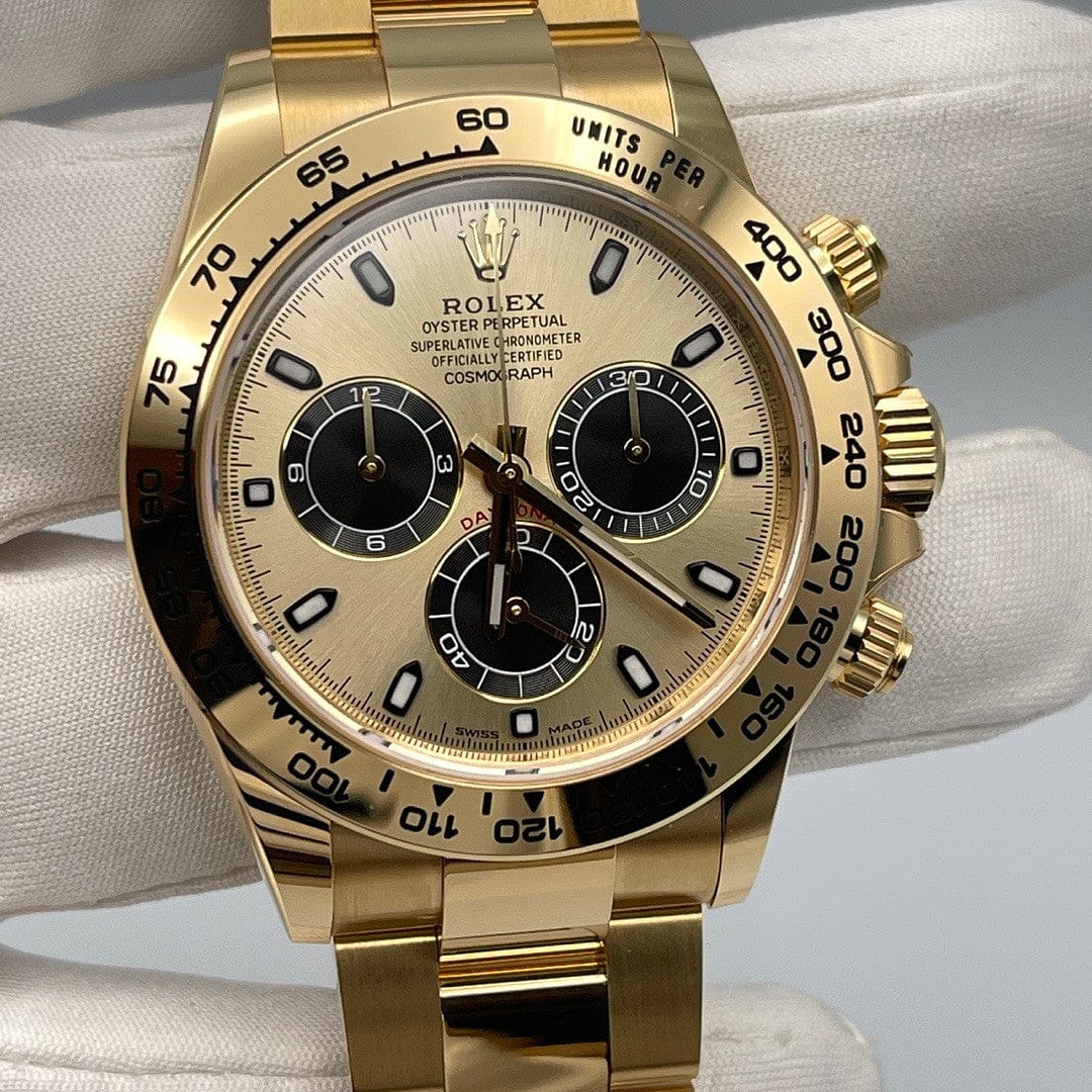Luxury Watch Rolex Daytona Yellow Gold Champagne & Black Dial 116508 Wrist Aficionado