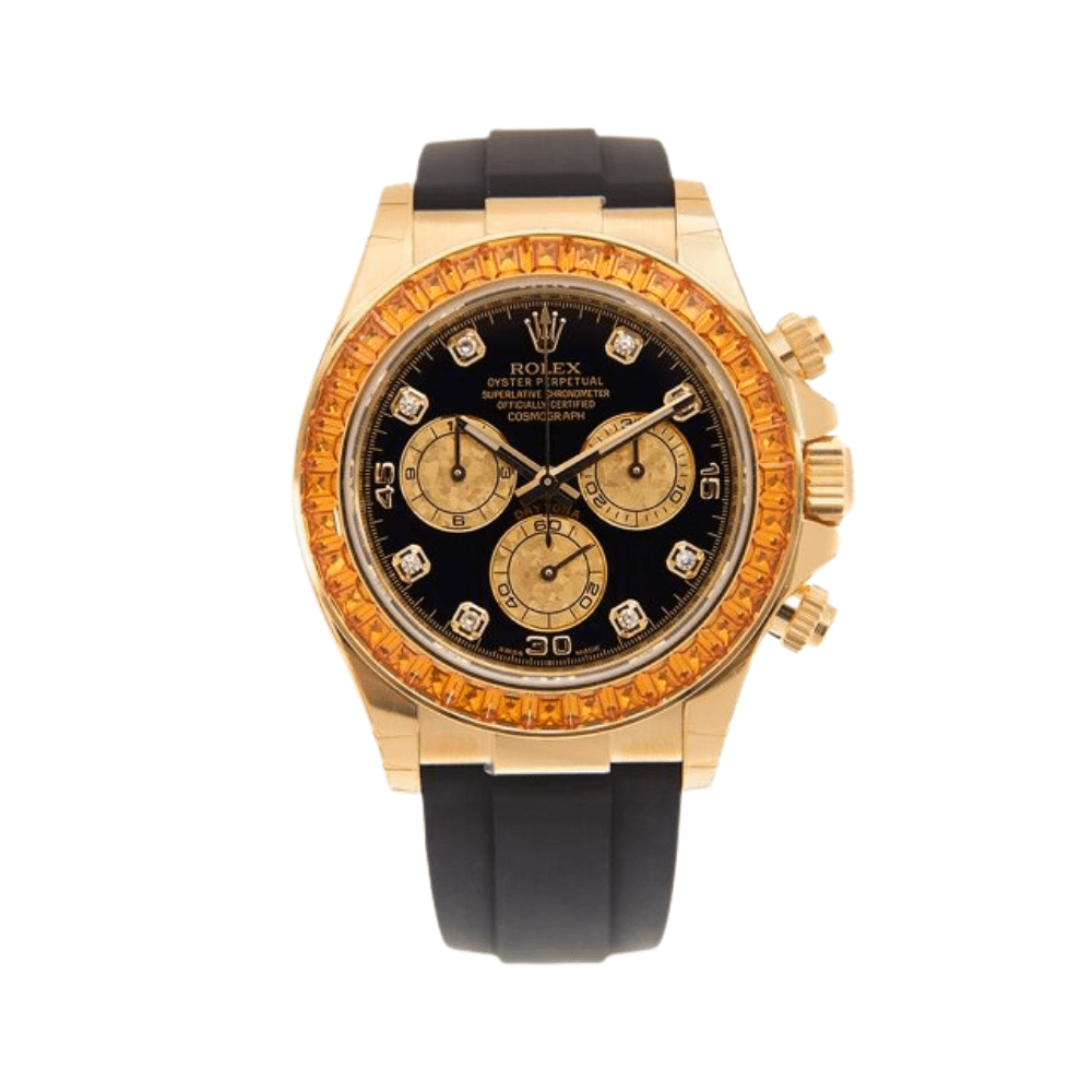 Luxury Watch Rolex Daytona Yellow Gold Orange Sapphire Bezel Black Diamond Dial 116588SACO Wrist Aficionado