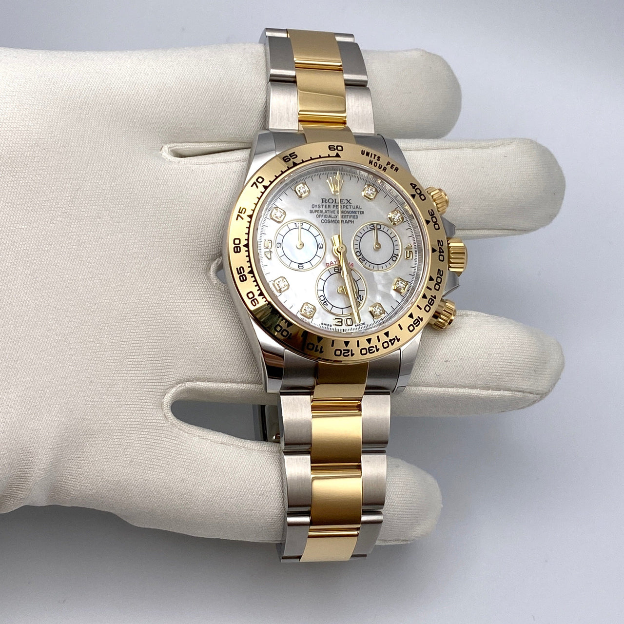 Luxury Watch Rolex Daytona Yellow Gold & Stainless Steel Mother of Pearl Dial 116503 Wrist Aficionado