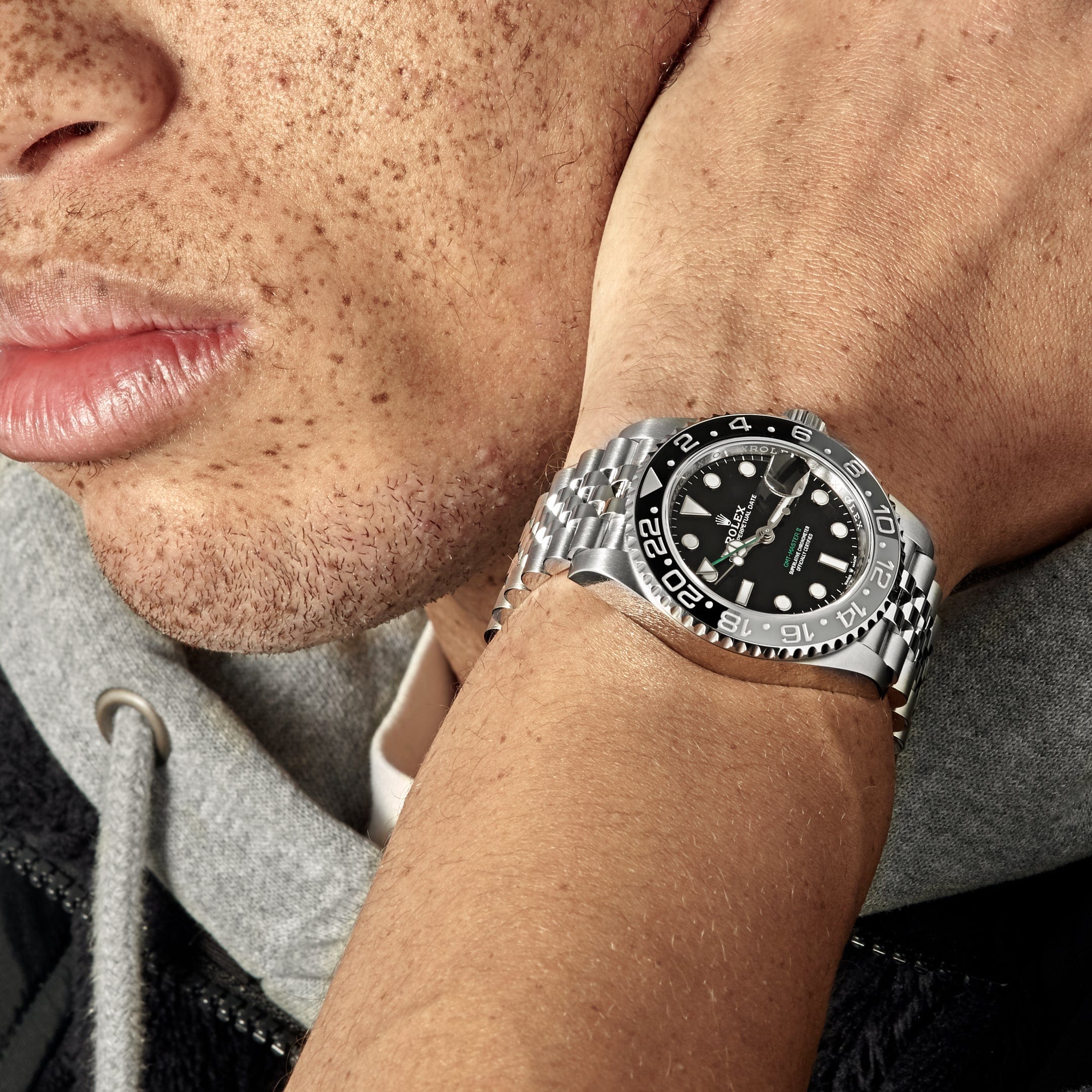 Jubilee Bracelet On Wrist Rolex GMT-Master II 126710GRNR 'Bruce