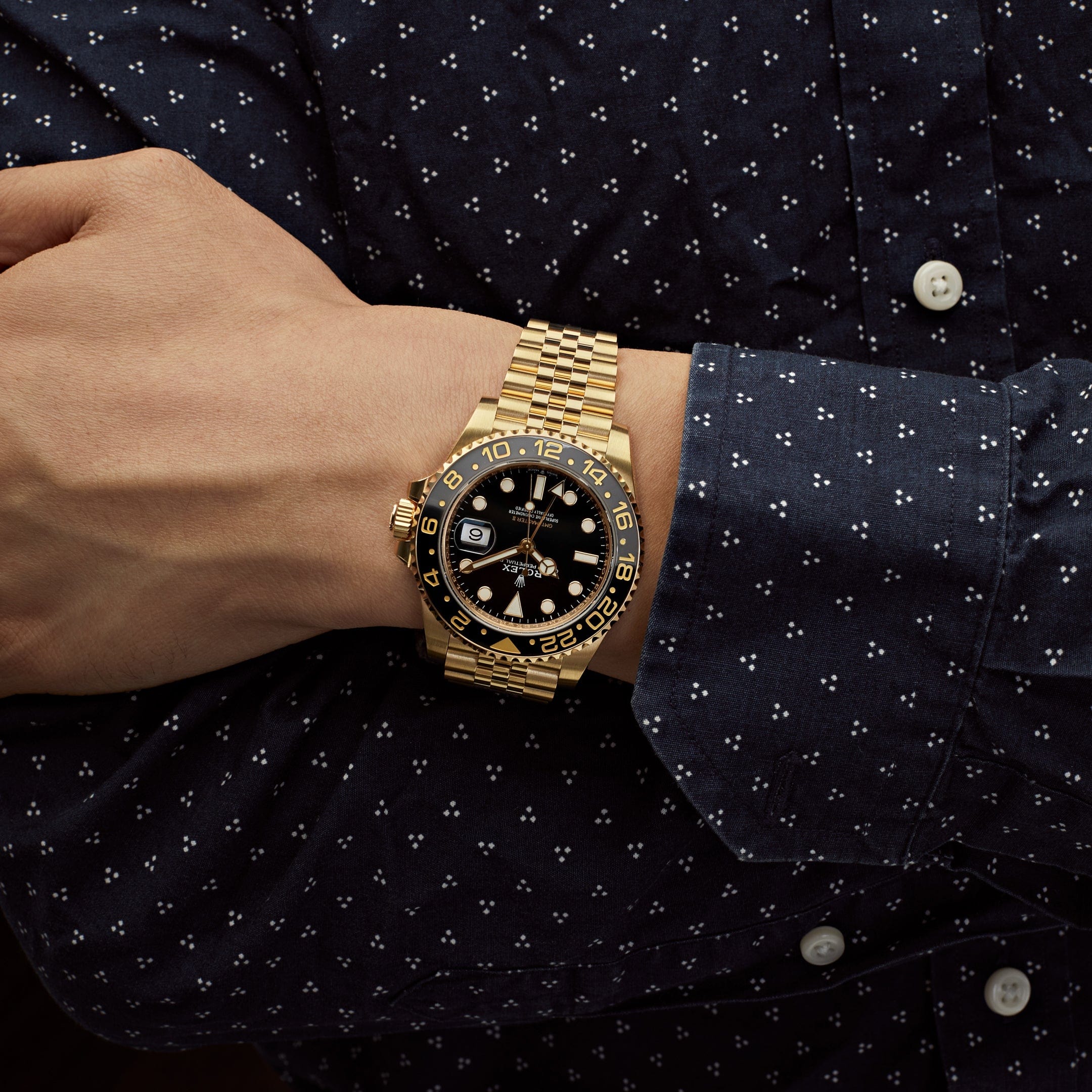 Rolex GMT-Master II 126718GRNR Yellow Gold Black Dial Jubilee