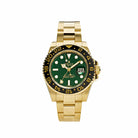 Rolex GMT-Master II Yellow Gold Green Dial Black Bezel 116718 wrist aficionado