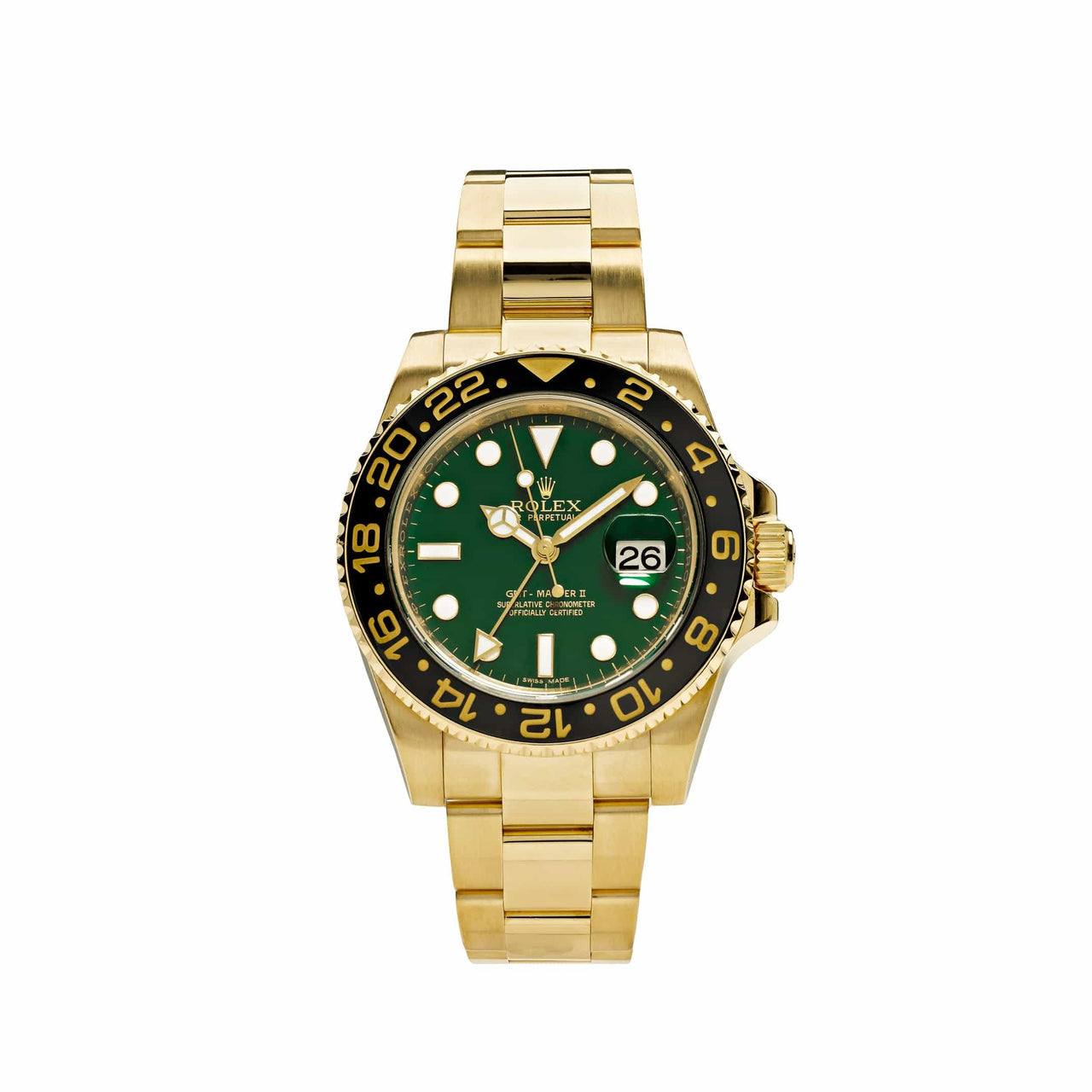 Rolex GMT-Master II Yellow Gold Green Dial Black Bezel 116718 wrist aficionado