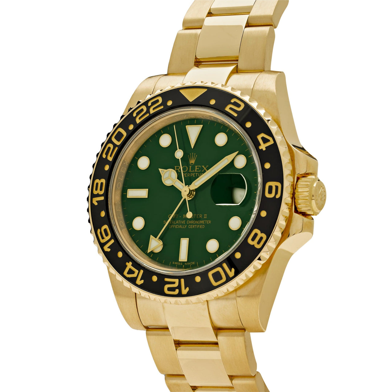 Rolex GMT-Master II Yellow Gold Green Dial Black Bezel 116718 wrist aficionado