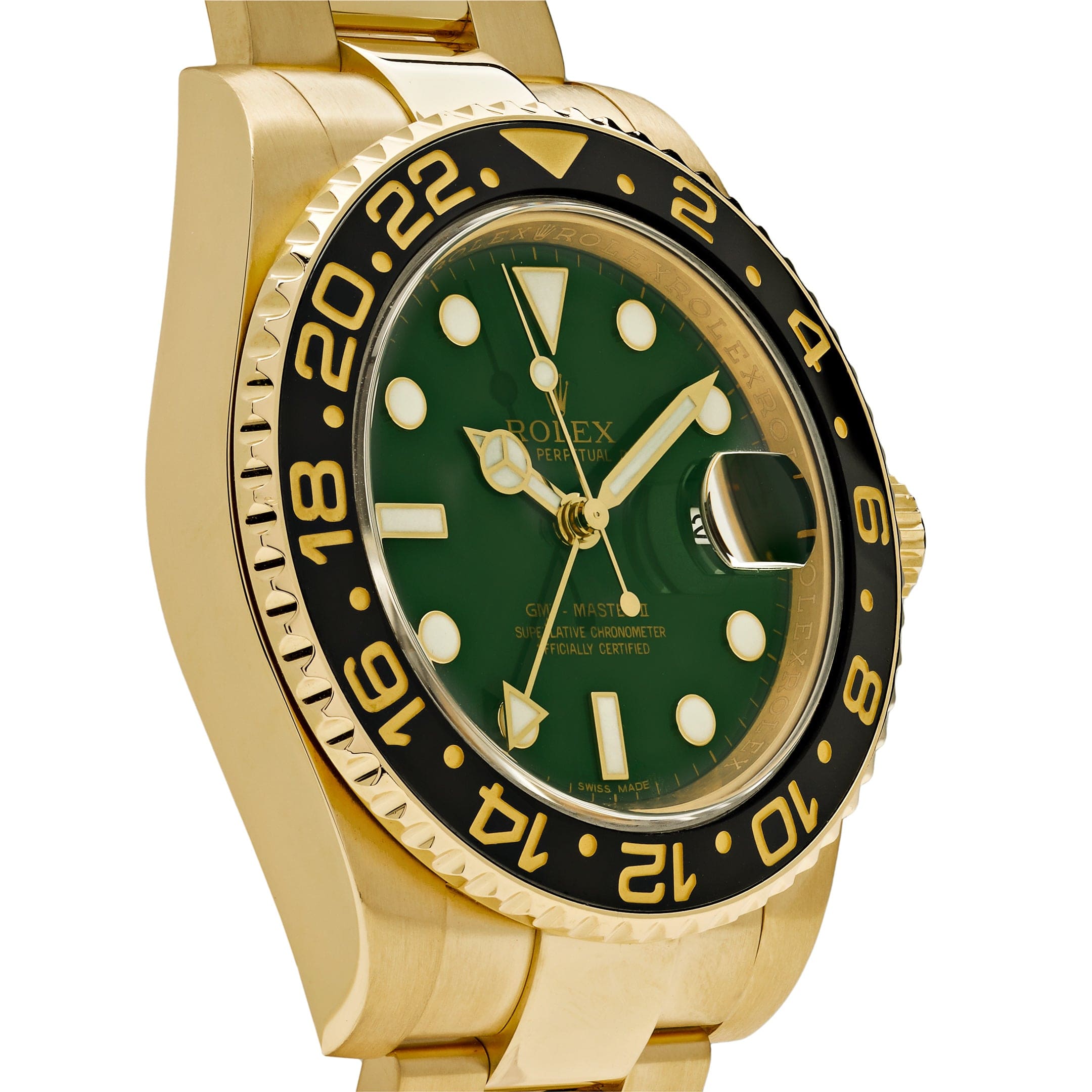 Rolex GMT-Master II Yellow Gold Green Dial Black Bezel 116718 wrist aficionado