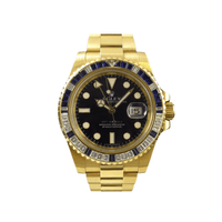 Thumbnail for Rolex GMT Master II Yellow Gold Sapphire & Diamond Bezel Black Dial 116748SA wrist aficionado