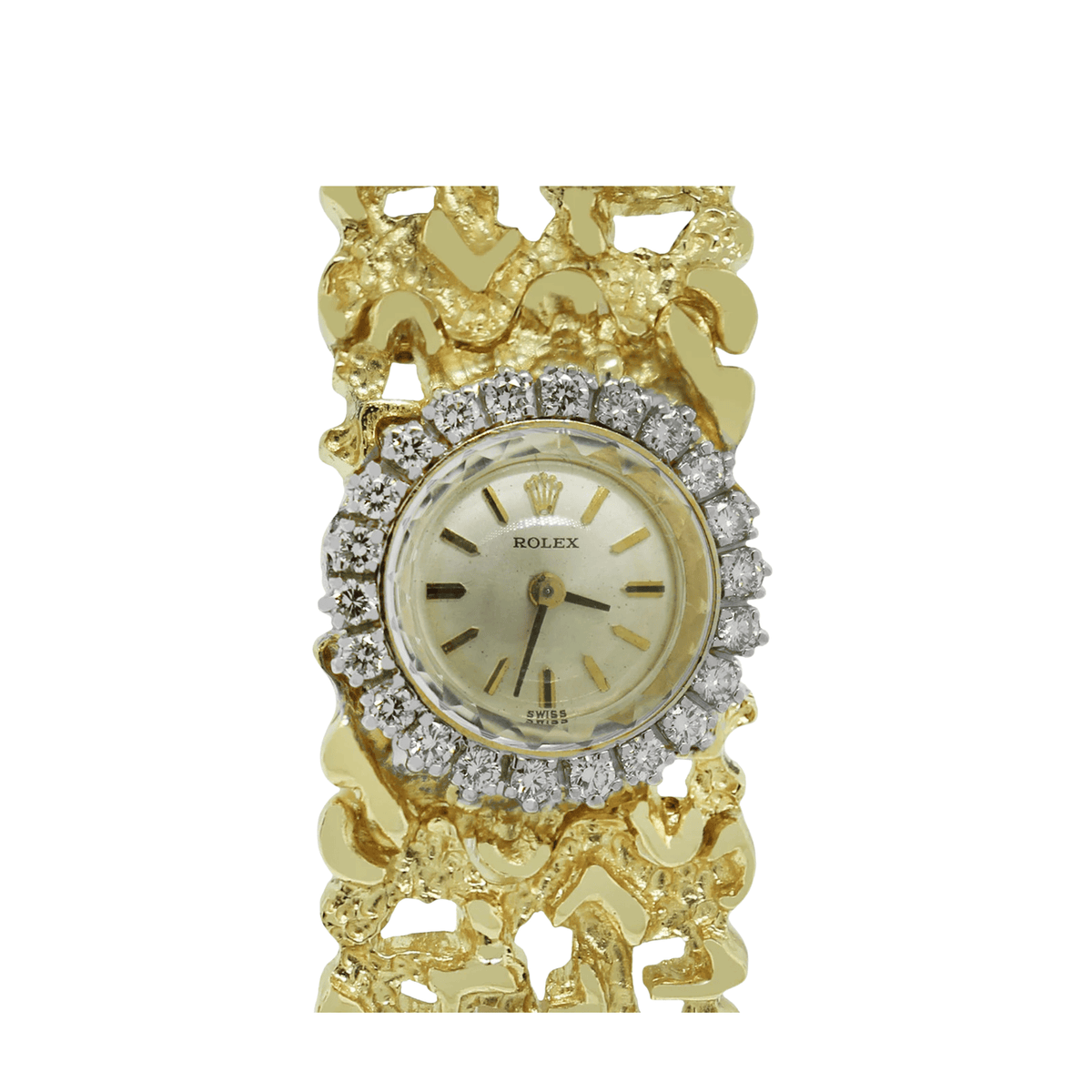 Rolex 'Ladies' Vintage Cocktail Watch 8300 Yellow Gold Champagne Dial Diamond Bezel Nugget Filigree Style Mesh Bracelet