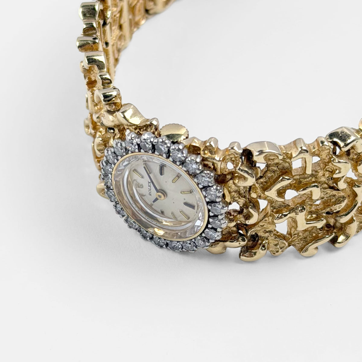 Rolex 'Ladies' Vintage Cocktail Watch 8300 Yellow Gold Champagne Dial Diamond Bezel Nugget Filigree Style Mesh Bracelet