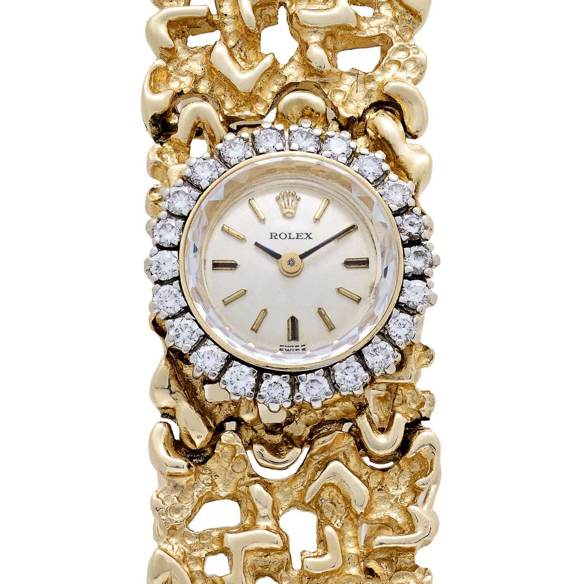 Rolex 'Ladies' Vintage Cocktail Watch 8300 Yellow Gold Champagne Dial Diamond Bezel Nugget Filigree Style Mesh Bracelet