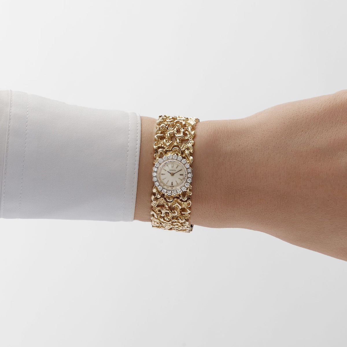 Rolex 'Ladies' Vintage Cocktail Watch 8300 Yellow Gold Champagne Dial Diamond Bezel Nugget Filigree Style Mesh Bracelet