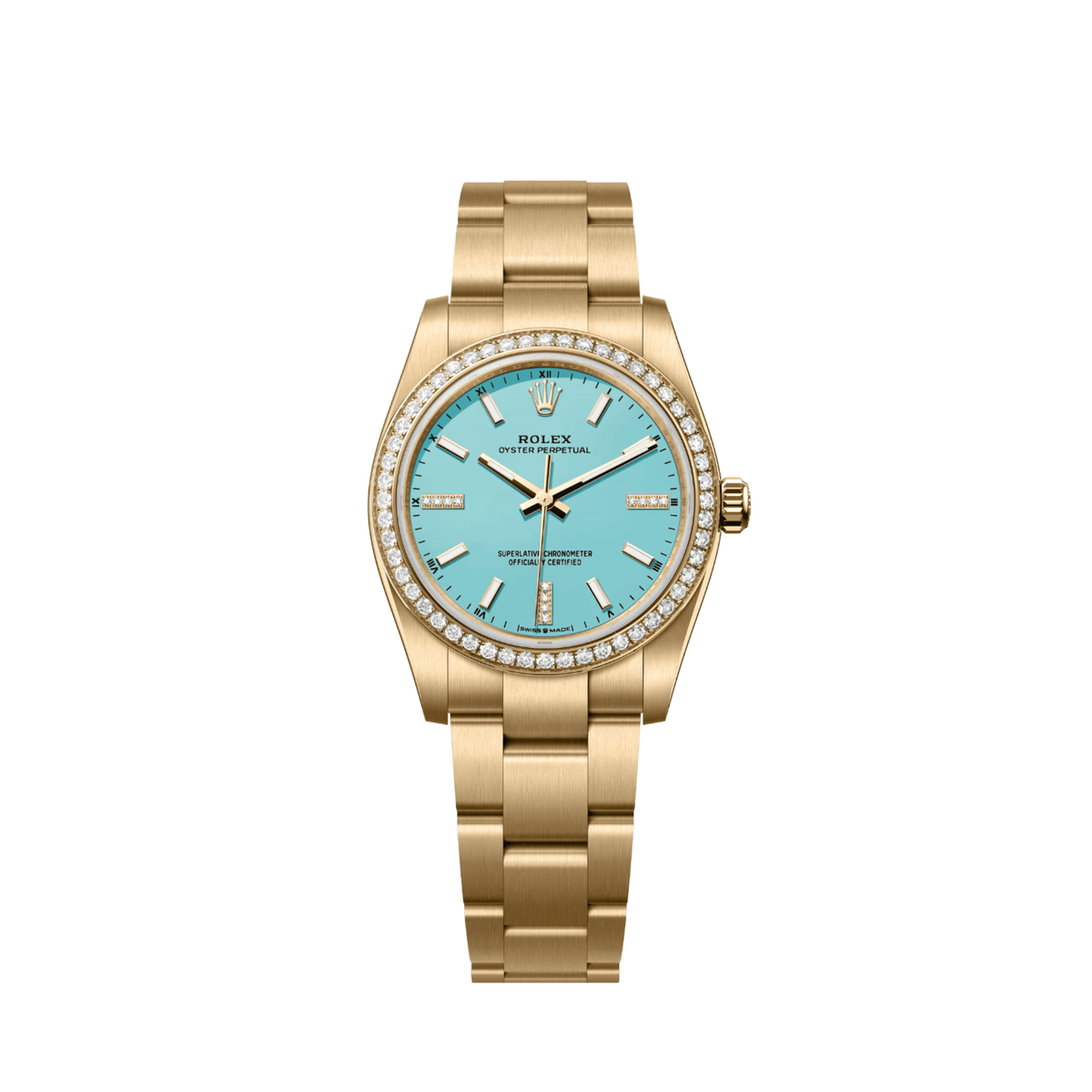 Rolex Oyster Perpetual 34 124248RBR Yellow Gold Turquoise Blue Diamond Dial Diamond Bezel (2026)